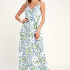 Lulus Sunrise in Paradise Blue Multi Tropical Print Maxi Dress